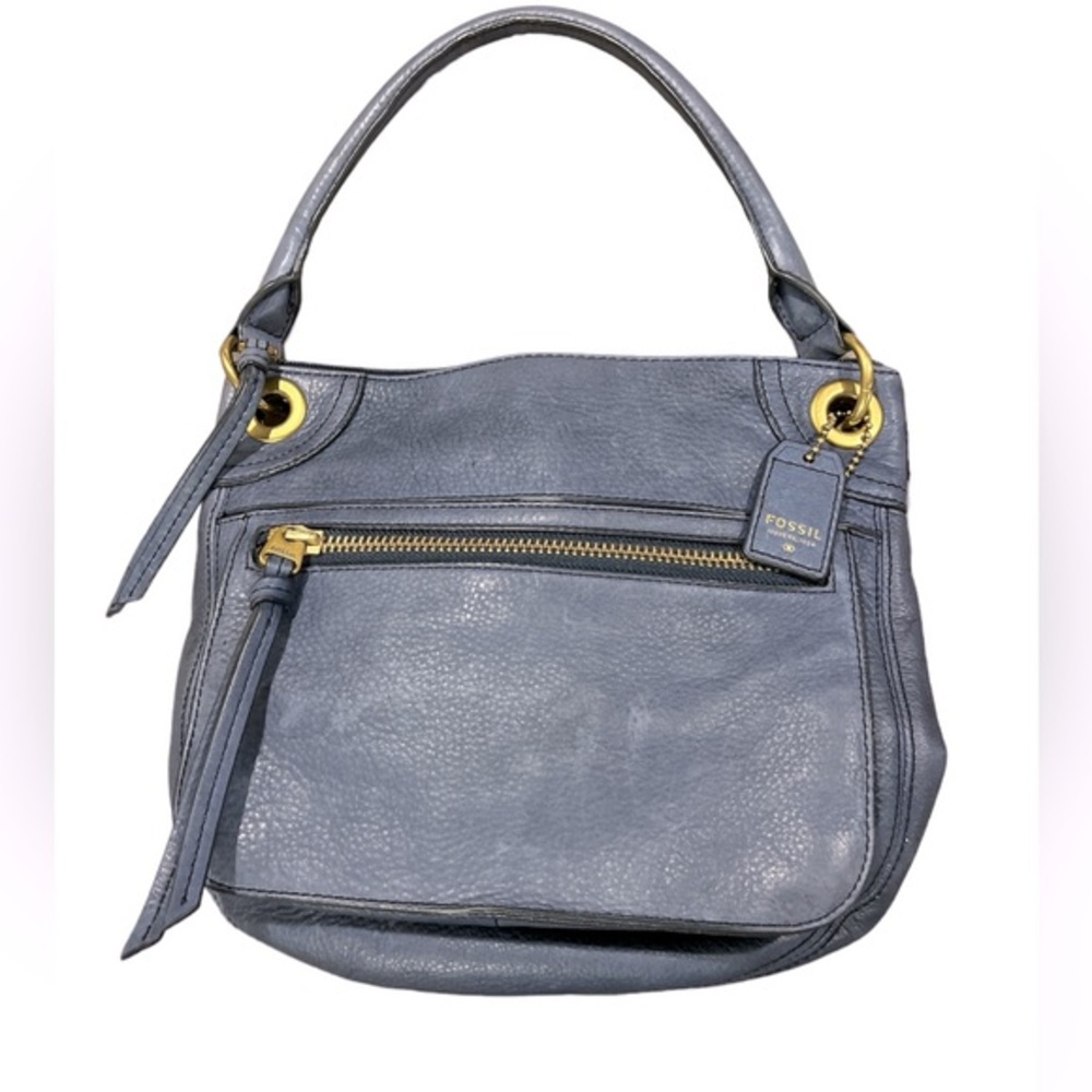 Fossil Karli Baby Blue Hobo Leather Handbag with Brass Hardware